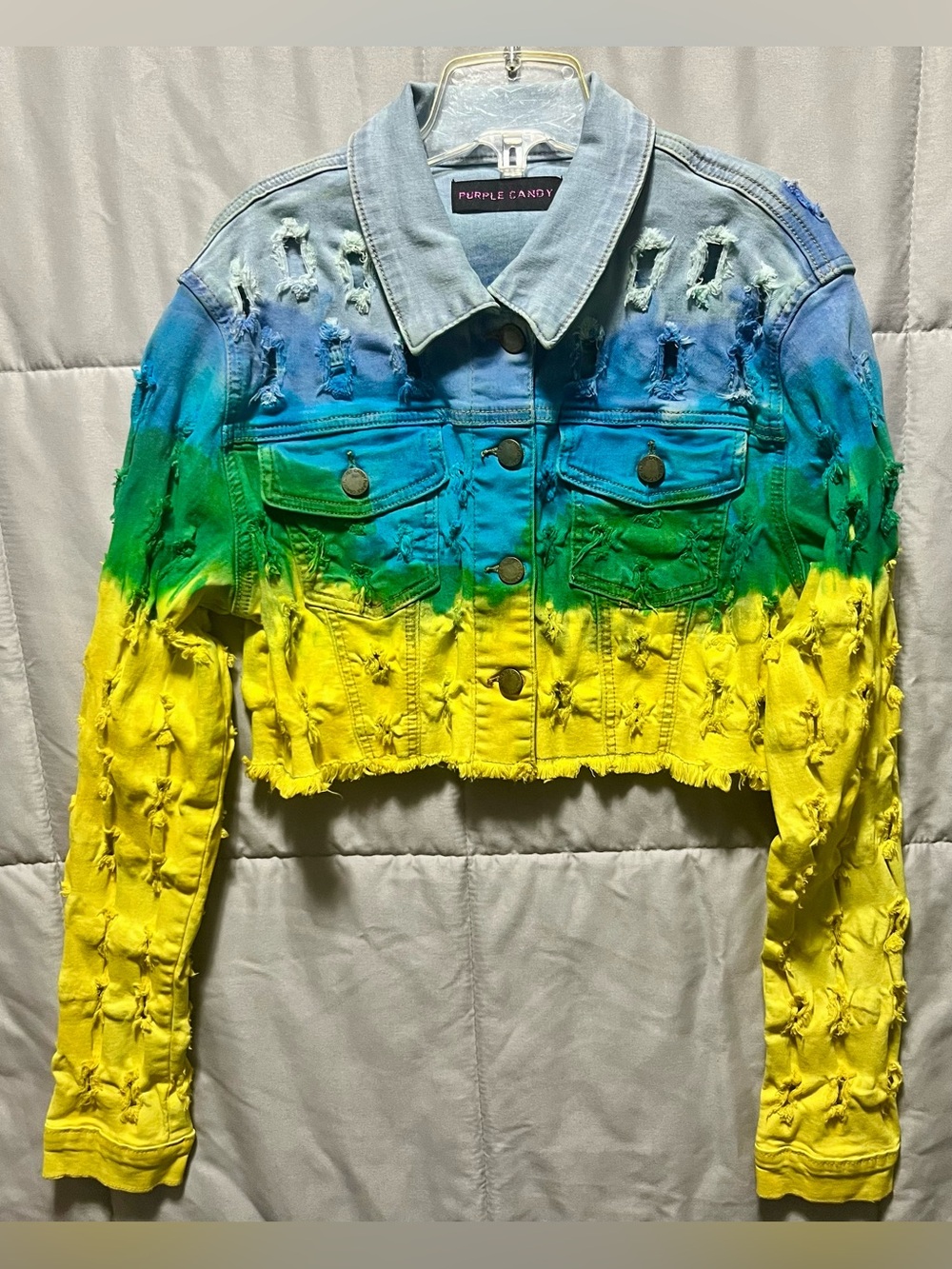 Purple Candy Denim Multi Color Distressed Jean Jacket Size S Small